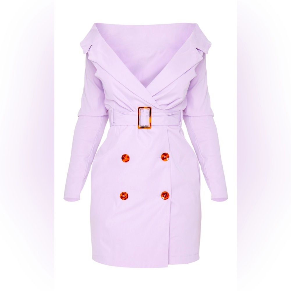 PrettyLittleThing Lilac Bardot Tortoise Button Belted Blazer Dress Size 10